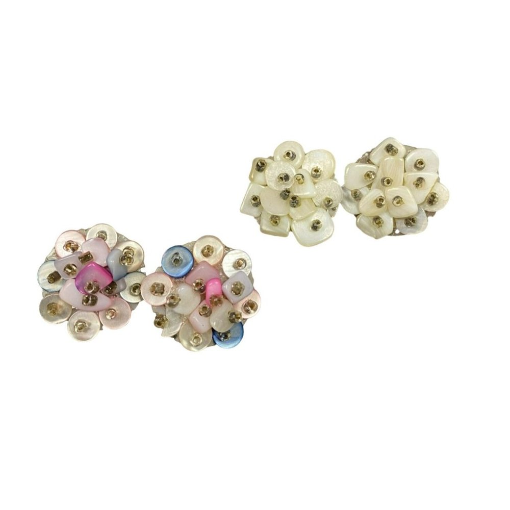 2 Pair Vintage Signed Japan White and Pastel Pink and Blue Clip on Earrings